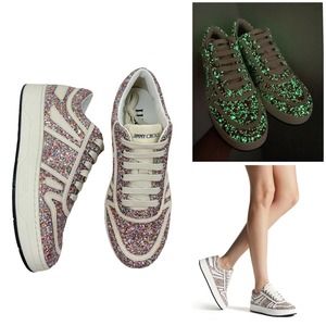 NEW Jimmy Choo Hawaii Glitter Sneakers Leather Mochi Latte Pink Size 39.5